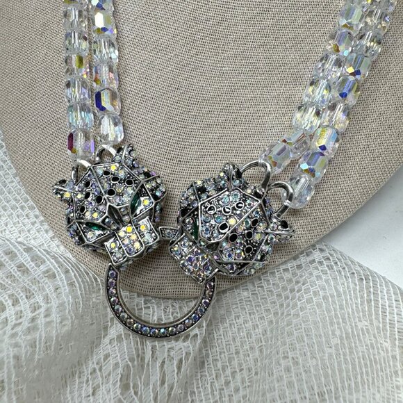 Vintage Rhinestone Panther Clasp Clear Crystal Bead Necklace - Picture 1 of 13